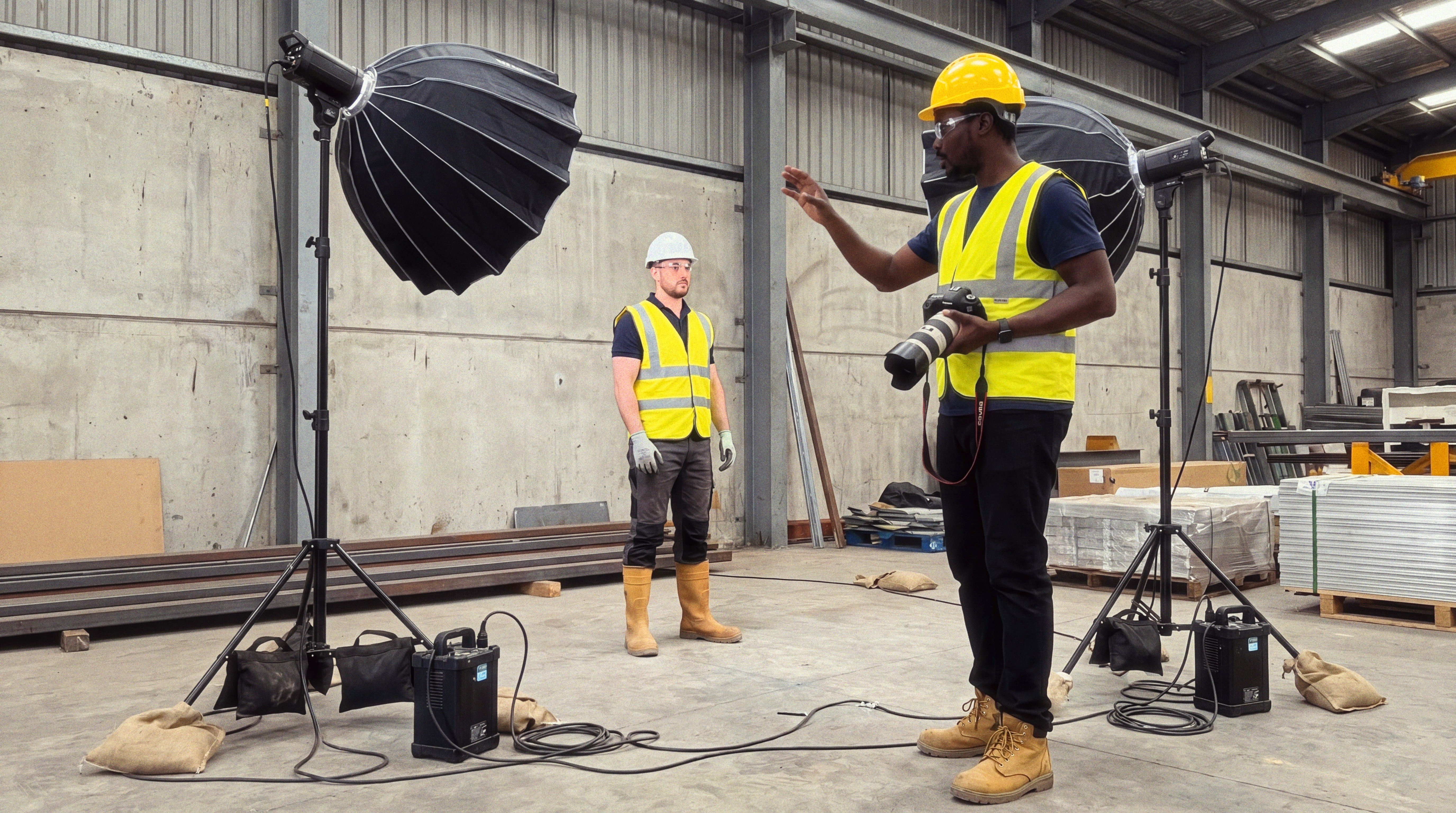 Paul setting up professional lighting for an industrial site shoot