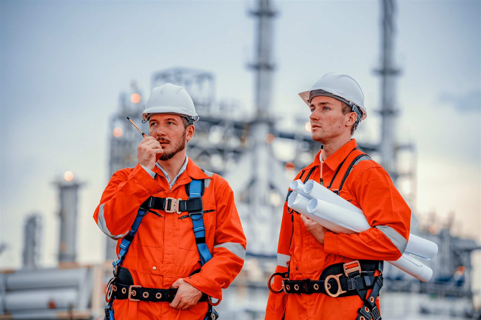 Engineering team in PPE coordinating work at an industrial facility