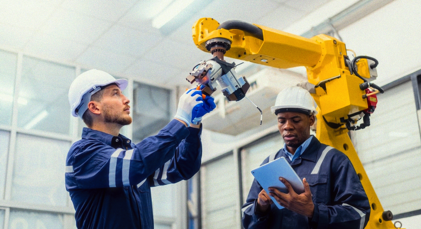 Automation technicians inspecting a robotic arm inside a clean industrial facility