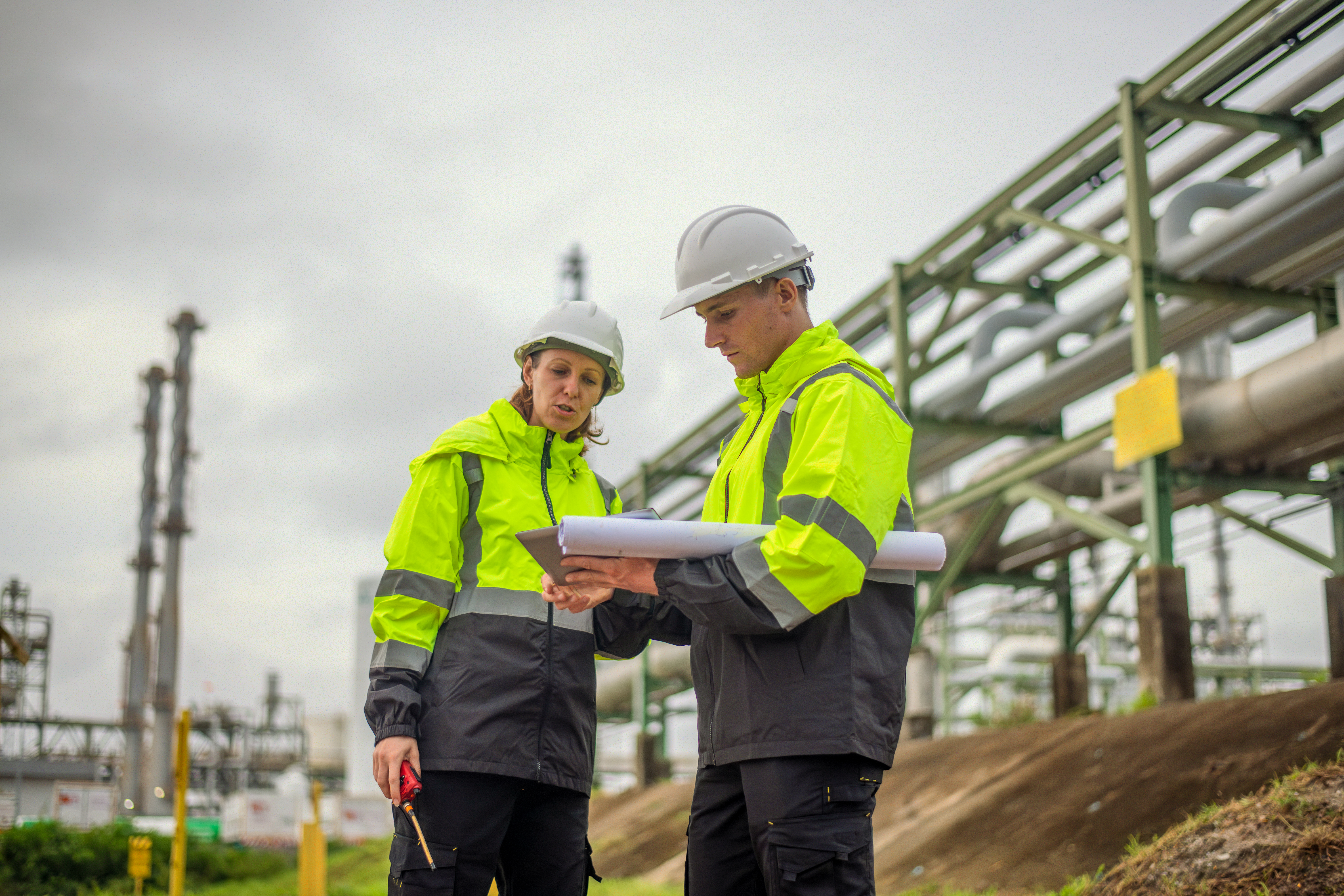 Engineers reviewing plans at an active industrial energy site